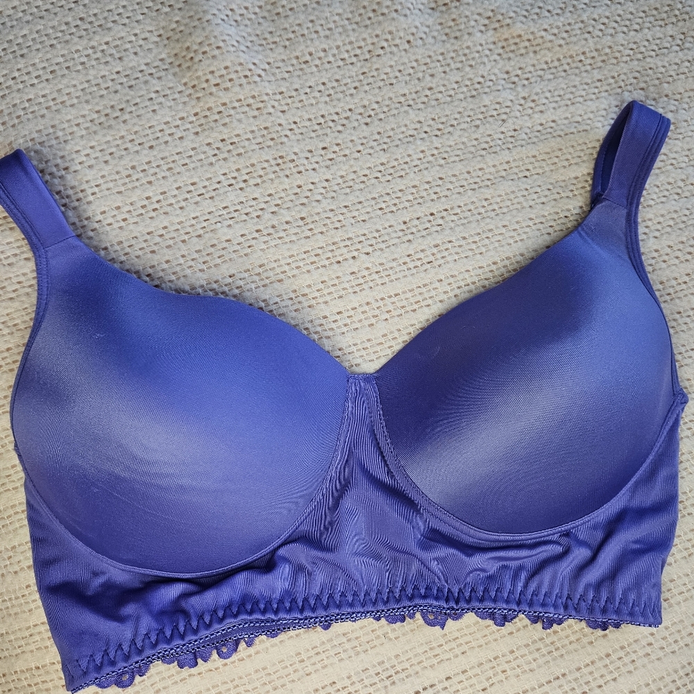 Rhonda Shear Womens XL Purple Wire Free Bra Wireless Molded Cup Elastic Lace Bac